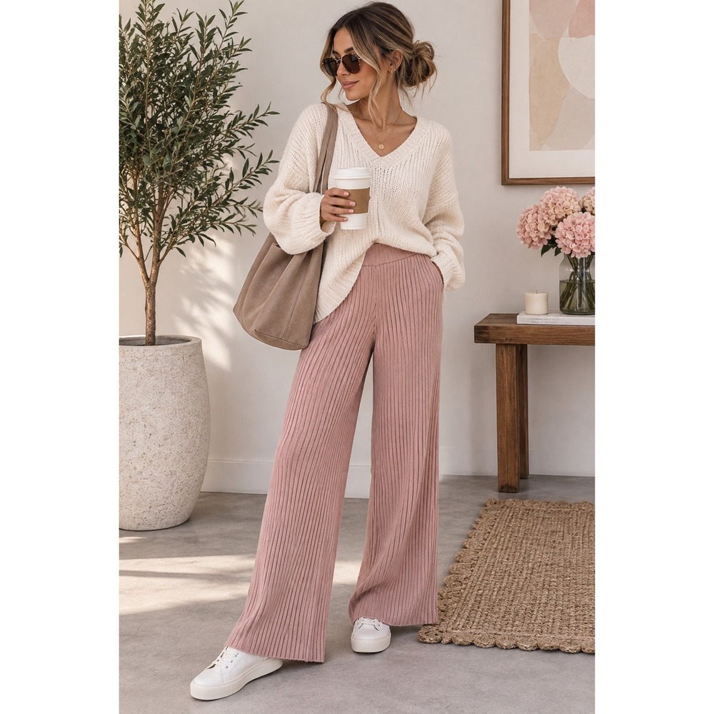 Sincerely Jules Ribbed Knit Pants Womens Large Pink Wide Leg Lounge Cozy NWT